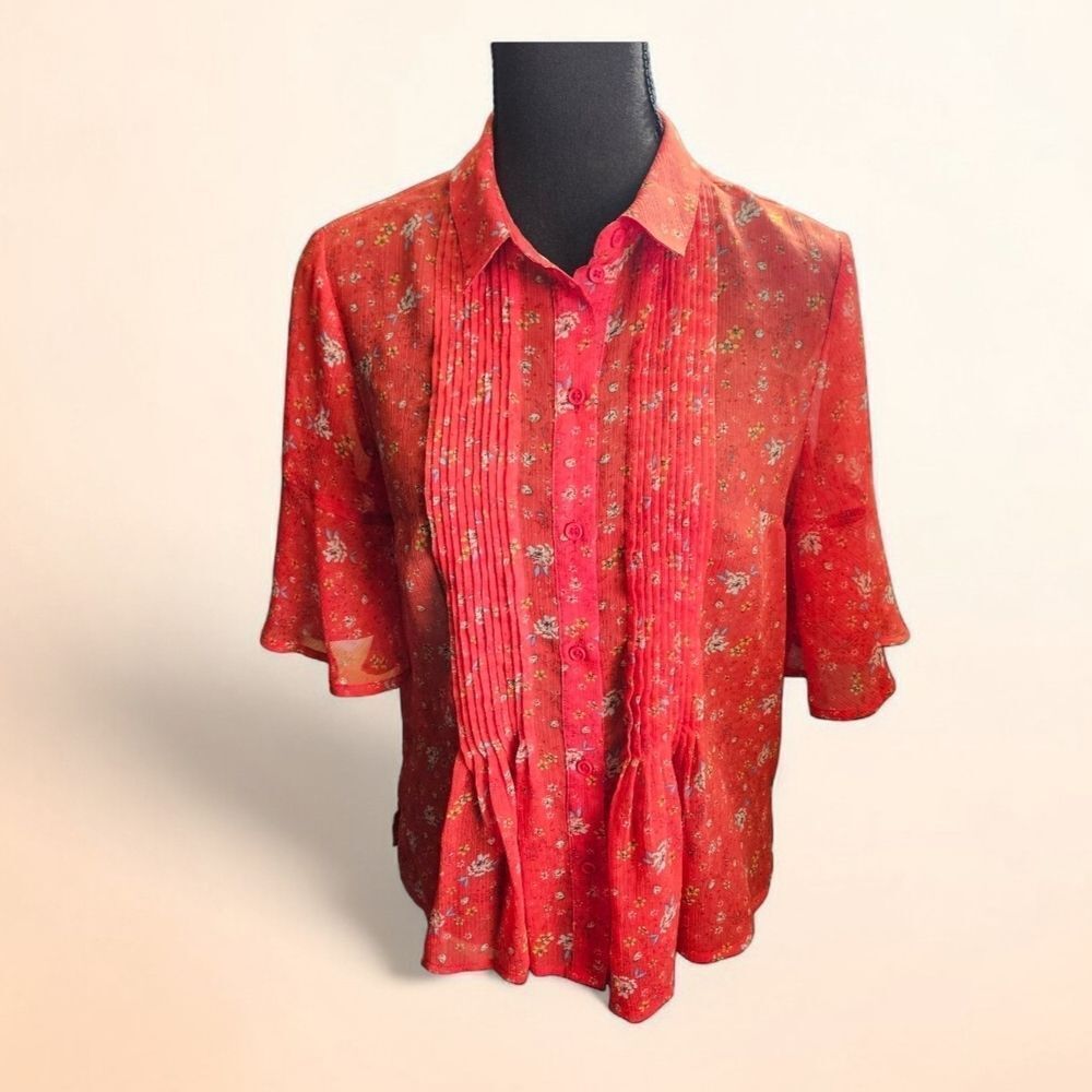 French Connection Delmira Crinkle Red Floral Pintuck Shirt – Size XS Oversized